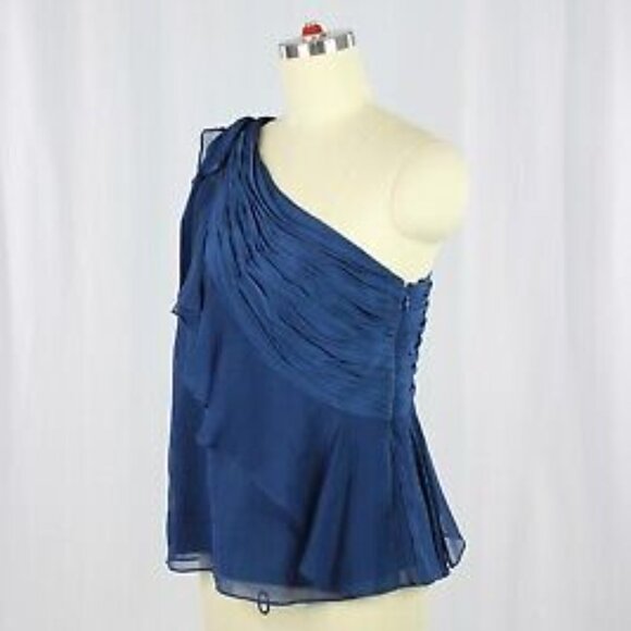 CINQ A SEPT Caspian Lapis Blue Silk Georgette One Shoulder Ruffle Top - Picture 3 of 6